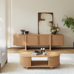 200 cm Solid Wood Fluted Natural TV Stand with Cabinets - thumbnail 4