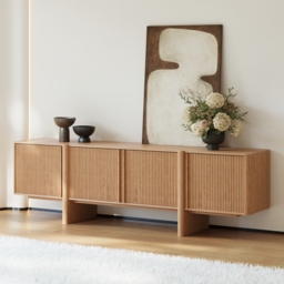 200 cm Solid Wood Fluted Natural TV Stand with Cabinets - thumbnail 1