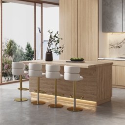 1830mm Japandi Kitchen lsland  Grey & 2 Counter Stools Set Wooden Storage Cabinet - thumbnail 2