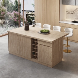 1830mm Japandi Kitchen lsland  Grey & 2 Counter Stools Set Wooden Storage Cabinet - thumbnail 3
