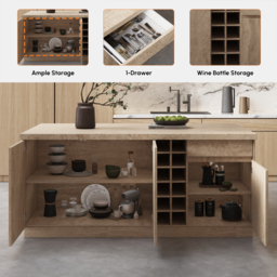 1830mm Japandi Kitchen lsland  Grey & 2 Counter Stools Set Wooden Storage Cabinet - thumbnail 5