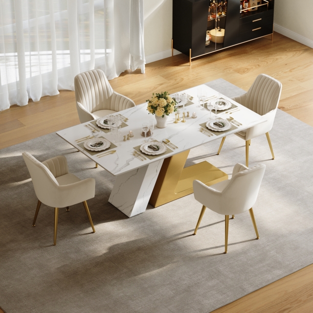 "Dining Set 63"" Modern Rectangle Sintered Stone Dining Table with 4 Chairs" - image 1