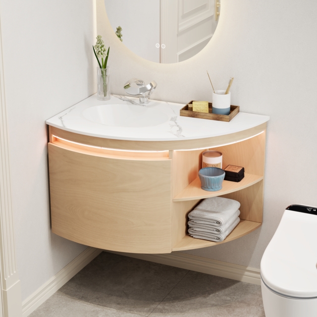 90 cm Corner Bathroom Vanity with Storage & LED Sensor Light - image 1
