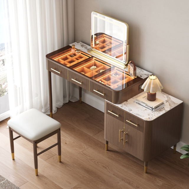 Glass Walnut Dressing Table with Chair with Lighted Mirror & Stool Mid Century Modern Dressing Table with Top - image 1