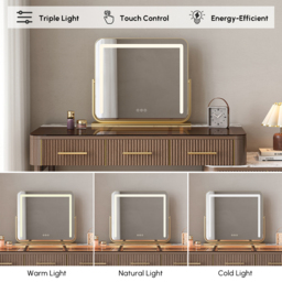 Glass Walnut Dressing Table with Chair with Lighted Mirror & Stool Mid Century Modern Dressing Table with Top - thumbnail 5