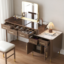 Glass Walnut Dressing Table with Chair with Lighted Mirror & Stool Mid Century Modern Dressing Table with Top - thumbnail 2
