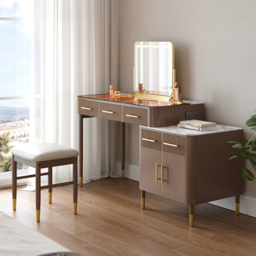 Glass Walnut Dressing Table with Chair with Lighted Mirror & Stool Mid Century Modern Dressing Table with Top - thumbnail 4