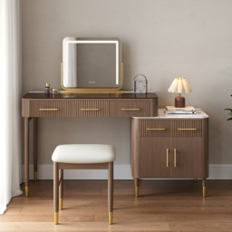 Glass Walnut Dressing Table with Chair with Lighted Mirror & Stool Mid Century Modern Dressing Table with Top - thumbnail 3