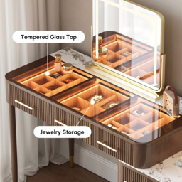 Glass Walnut Dressing Table with Chair with Lighted Mirror & Stool Mid Century Modern Dressing Table with Top - thumbnail 6