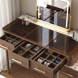 Glass Walnut Dressing Table with Chair with Lighted Mirror & Stool Mid Century Modern Dressing Table with Top - thumbnail 9