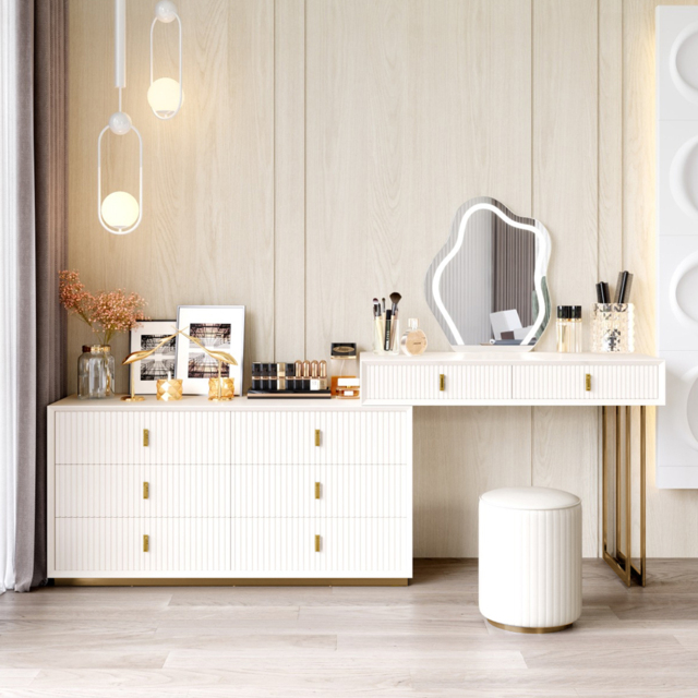 Modern White Dressing Table with Chair with 6-Drawer Cabinet Dressing Table with Stool & Mirror - image 1