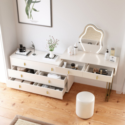 Modern White Dressing Table with Chair with 6-Drawer Cabinet Dressing Table with Stool & Mirror - thumbnail 3