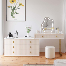 Modern White Dressing Table with Chair with 6-Drawer Cabinet Dressing Table with Stool & Mirror - thumbnail 2