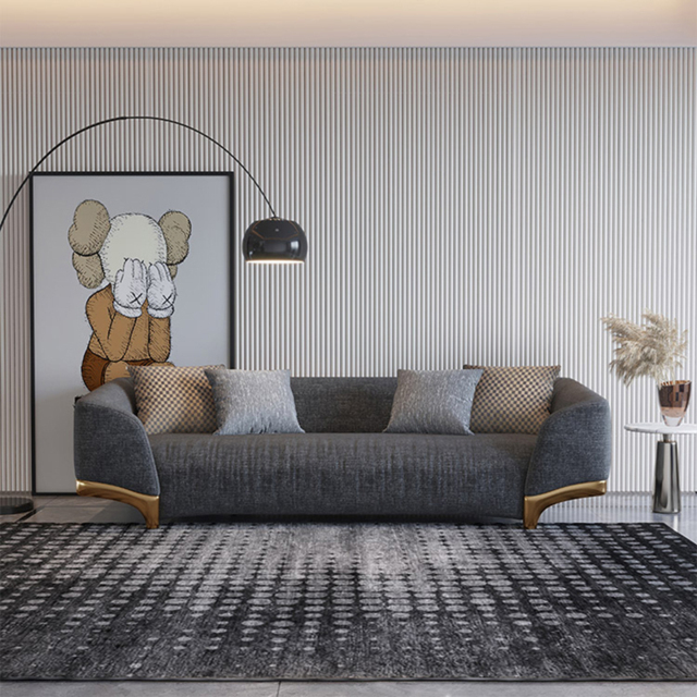 2200mm Grey 3-Seat Cotton & Linen Upholstered Sofa with Pillows Gold Legs - image 1