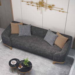 2200mm Grey 3-Seat Cotton & Linen Upholstered Sofa with Pillows Gold Legs - thumbnail 7