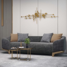 2200mm Grey 3-Seat Cotton & Linen Upholstered Sofa with Pillows Gold Legs - thumbnail 6