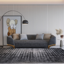 2200mm Grey 3-Seat Cotton & Linen Upholstered Sofa with Pillows Gold Legs - thumbnail 1