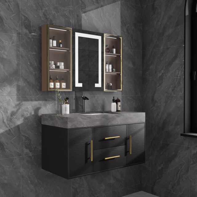 1000mm Floating Ceramic Sink & Stone Top in Black & Bathroom Cabinet Vanity - image 1