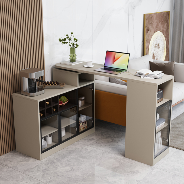 1450mm-2100mm Sofa Bar Table Khaki Storage Cabinet Rotatable Behind Couch Pub Table - image 1