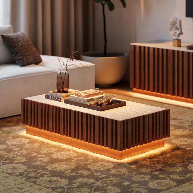 Aura Ash Wood Slatted Coffee Table Modern Walnut Sintered Stone Top Table with LED Light - image 1