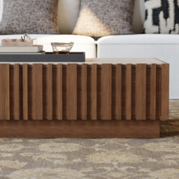 Aura Ash Wood Slatted Coffee Table Modern Walnut Sintered Stone Top Table with LED Light - thumbnail 9