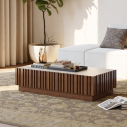 Aura Ash Wood Slatted Coffee Table Modern Walnut Sintered Stone Top Table with LED Light - thumbnail 6
