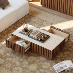 Aura Ash Wood Slatted Coffee Table Modern Walnut Sintered Stone Top Table with LED Light - thumbnail 7