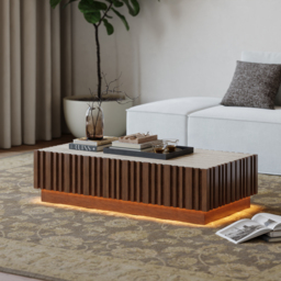 Aura Ash Wood Slatted Coffee Table Modern Walnut Sintered Stone Top Table with LED Light - thumbnail 3