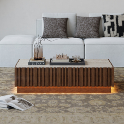 Aura Ash Wood Slatted Coffee Table Modern Walnut Sintered Stone Top Table with LED Light - thumbnail 2