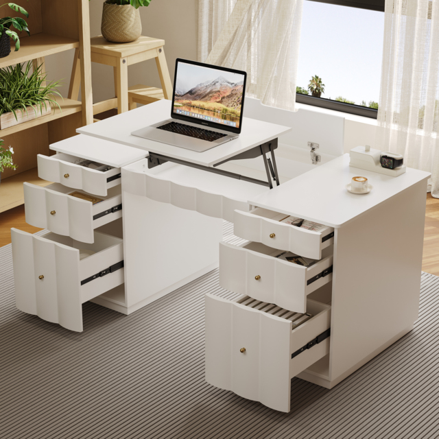 Adjustable Height Desk with 6 Drawers, Wireless Charging & Power Outlet - French Style Cream White Computer Desk for Home Office - image 1
