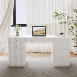 Adjustable Height Desk with 6 Drawers, Wireless Charging & Power Outlet - French Style Cream White Computer Desk for Home Office - thumbnail 3