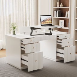 Adjustable Height Desk with 6 Drawers, Wireless Charging & Power Outlet - French Style Cream White Computer Desk for Home Office - thumbnail 5