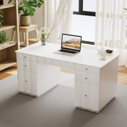 Adjustable Height Desk with 6 Drawers, Wireless Charging & Power Outlet - French Style Cream White Computer Desk for Home Office - thumbnail 4