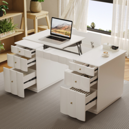 Adjustable Height Desk with 6 Drawers, Wireless Charging & Power Outlet - French Style Cream White Computer Desk for Home Office - thumbnail 1