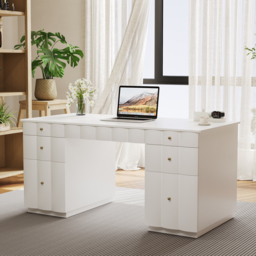 Adjustable Height Desk with 6 Drawers, Wireless Charging & Power Outlet - French Style Cream White Computer Desk for Home Office - thumbnail 2