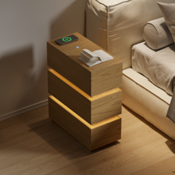Smart LED Natural Bedside Table Wireless Charging Station Wood Bedside Table with Light Modern - thumbnail 3