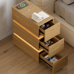 Smart LED Natural Bedside Table Wireless Charging Station Wood Bedside Table with Light Modern - thumbnail 6
