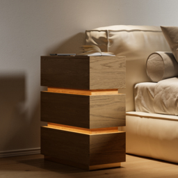 Smart LED Natural Bedside Table Wireless Charging Station Wood Bedside Table with Light Modern - thumbnail 4