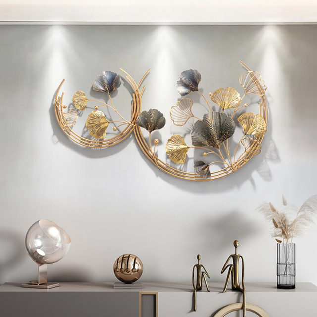 Modern 3D Hollow-out Ginkgo Leaves Wall Decor Home Metal Round Wall Art in Gold & Gray - image 1