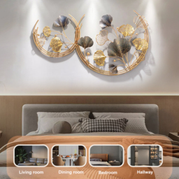 Modern 3D Hollow-out Ginkgo Leaves Wall Decor Home Metal Round Wall Art in Gold & Gray - thumbnail 5