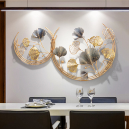 Modern 3D Hollow-out Ginkgo Leaves Wall Decor Home Metal Round Wall Art in Gold & Gray - thumbnail 2