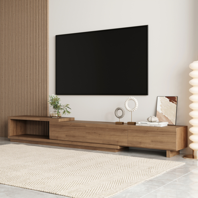Quoint 255 cm Modern Walnut TV Stand Retracted & Extendable 3-Drawer Media Console - image 1