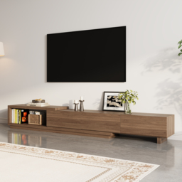 Quoint 255 cm Modern Walnut TV Stand Retracted & Extendable 3-Drawer Media Console - thumbnail 9