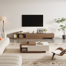 Quoint 255 cm Modern Walnut TV Stand Retracted & Extendable 3-Drawer Media Console - thumbnail 4