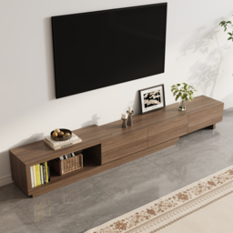 Quoint 255 cm Modern Walnut TV Stand Retracted & Extendable 3-Drawer Media Console - thumbnail 3