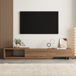 Quoint 255 cm Modern Walnut TV Stand Retracted & Extendable 3-Drawer Media Console - thumbnail 2