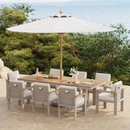 Tevara 10 Pieces Rectangle Wood & Aluminium Outdoor Patio Dining Set with Central Pillar Umbrella - thumbnail 2