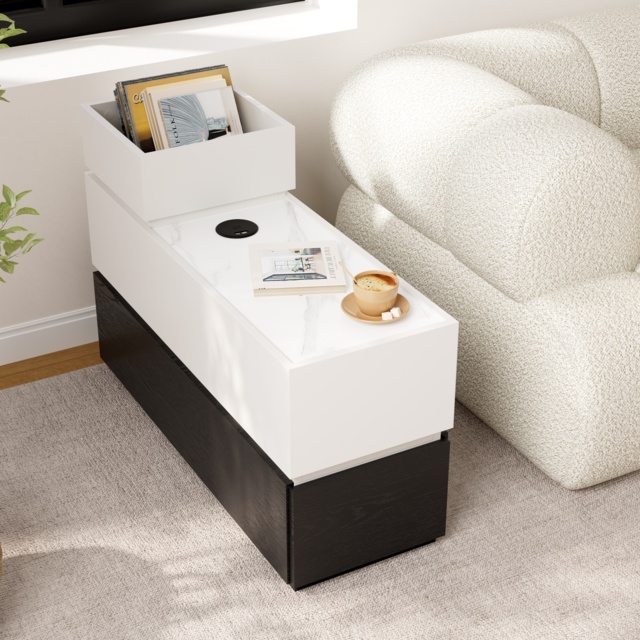 Sintered Stone Top Narrow Smart Side Table with Storage Modern White & Black End Table with USB Charging - image 1