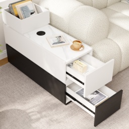 Sintered Stone Top Narrow Smart Side Table with Storage Modern White & Black End Table with USB Charging - thumbnail 3