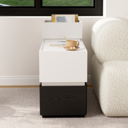 Sintered Stone Top Narrow Smart Side Table with Storage Modern White & Black End Table with USB Charging - thumbnail 2
